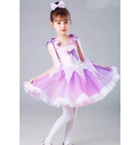 Children girls purple sequins jazz dance dress tutu skirt ballet dress choir singers preschool performance costumes puff dresses Girls sequined princess dress for toddlers